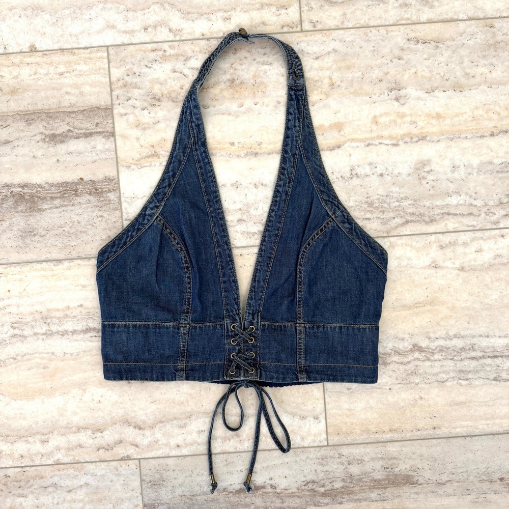 Pilcro‎ Anthropologie NWOT Denim Lace Up Halter Crop Top Size Large